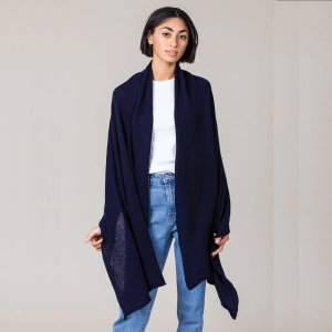 Cashmere Raw Edge Travel Wrap in Navy Blue